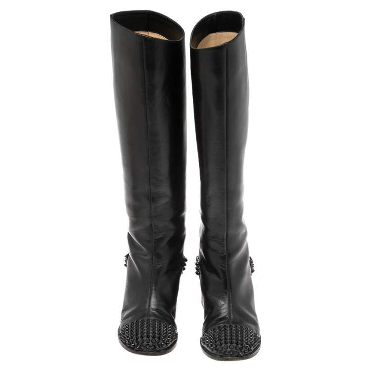 مملوكة مسبقًا Christian Louboutin Black Leather Egoutina Spiked Cap Toe Knee Length Boots Size 36