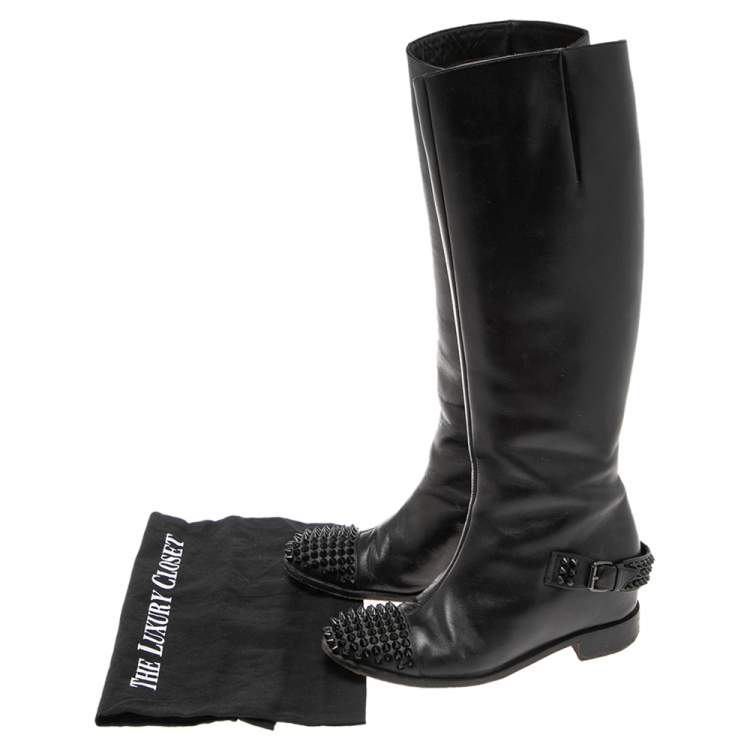 مملوكة مسبقًا Christian Louboutin Black Leather Egoutina Spiked Cap Toe Knee Length Boots Size 36