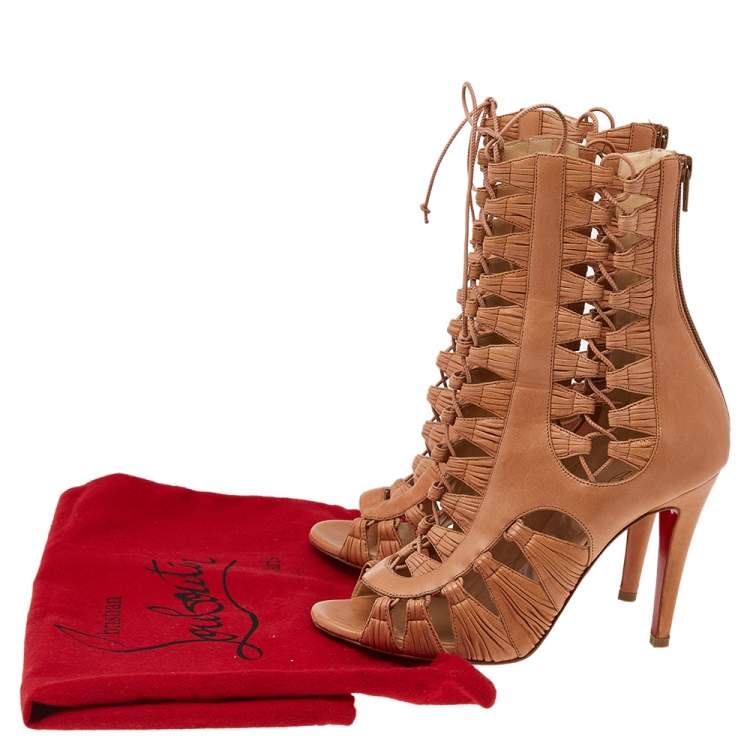 Pre Owned Christian Louboutin Brown Leather Cage Ankle Boots Size 37.5