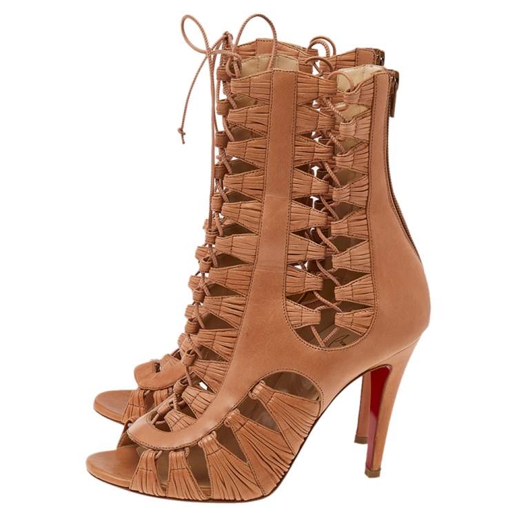Pre Owned Christian Louboutin Brown Leather Cage Ankle Boots Size 37.5