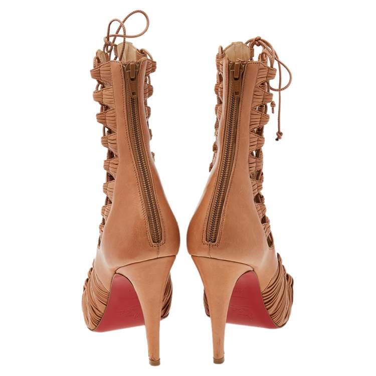 Pre Owned Christian Louboutin Brown Leather Cage Ankle Boots Size 37.5