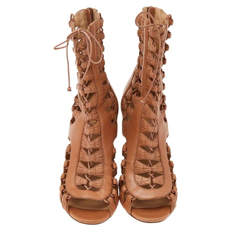 Pre Owned Christian Louboutin Brown Leather Cage Ankle Boots Size 37.5
