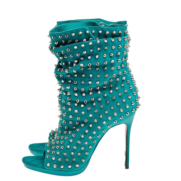 مملوكة مسبقًا Christian Louboutin Aqua Blue Suede Guerilla Spiked Open Toe Ankle Boots Size 38
