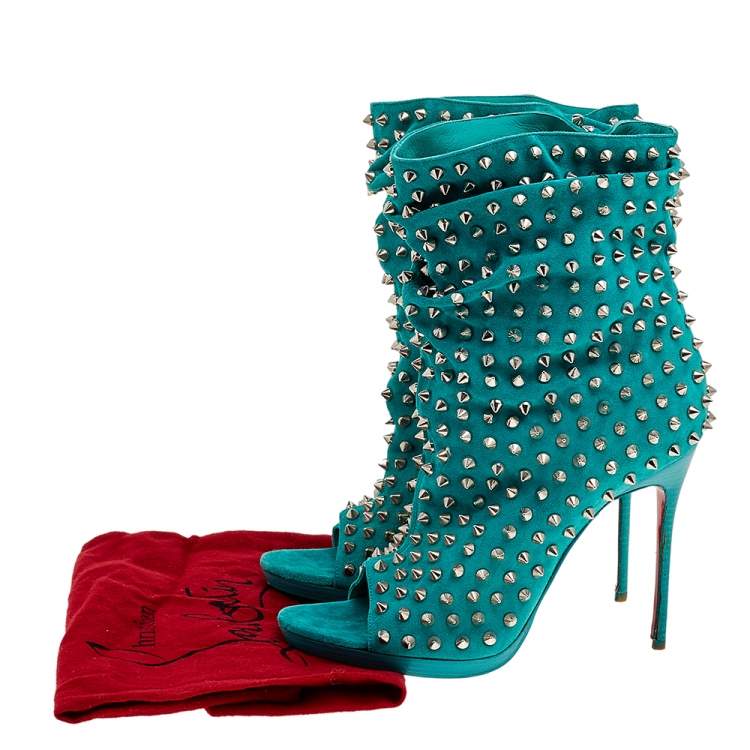مملوكة مسبقًا Christian Louboutin Aqua Blue Suede Guerilla Spiked Open Toe Ankle Boots Size 38