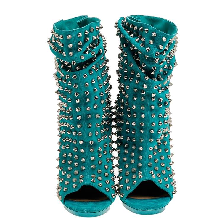 مملوكة مسبقًا Christian Louboutin Aqua Blue Suede Guerilla Spiked Open Toe Ankle Boots Size 38