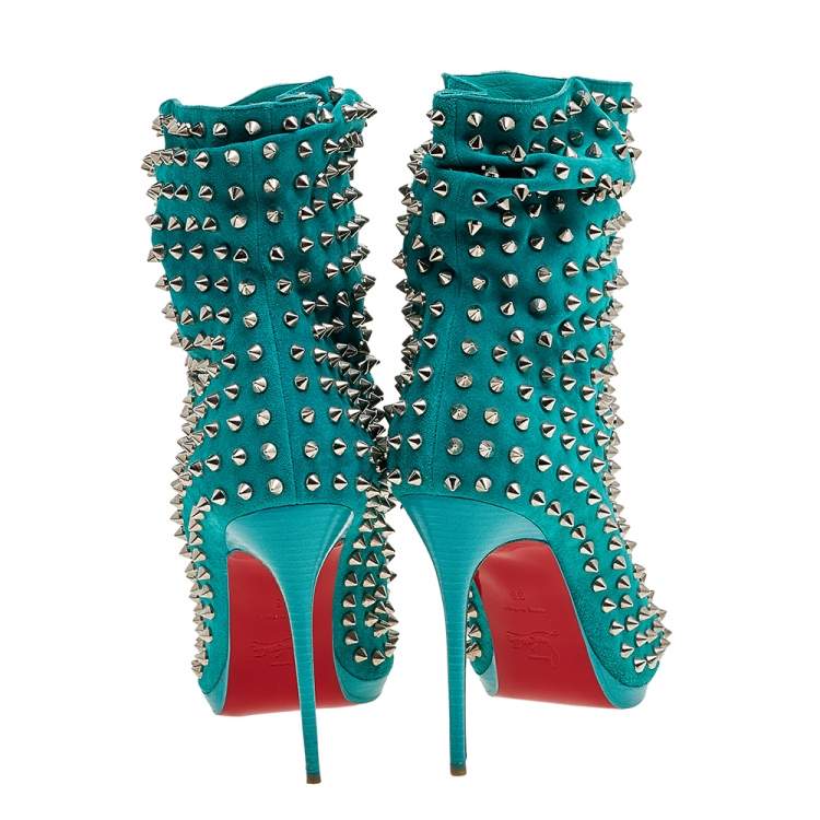 مملوكة مسبقًا Christian Louboutin Aqua Blue Suede Guerilla Spiked Open Toe Ankle Boots Size 38