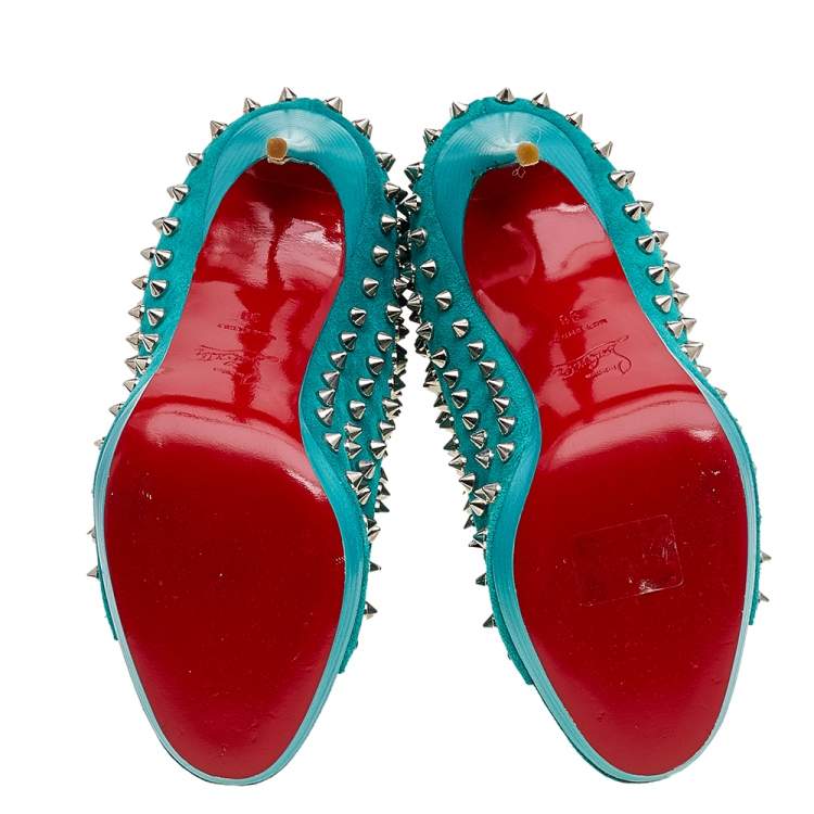 مملوكة مسبقًا Christian Louboutin Aqua Blue Suede Guerilla Spiked Open Toe Ankle Boots Size 38