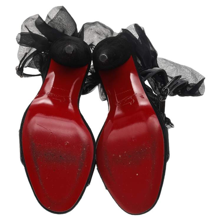 Pre Owned Christian Louboutin Black Patent Leather Jacqueline Ankle Strap Sandals Size 36