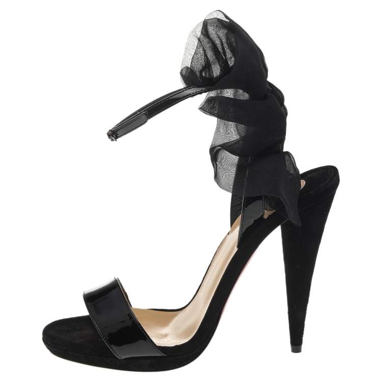 Pre Owned Christian Louboutin Black Patent Leather Jacqueline Ankle Strap Sandals Size 36