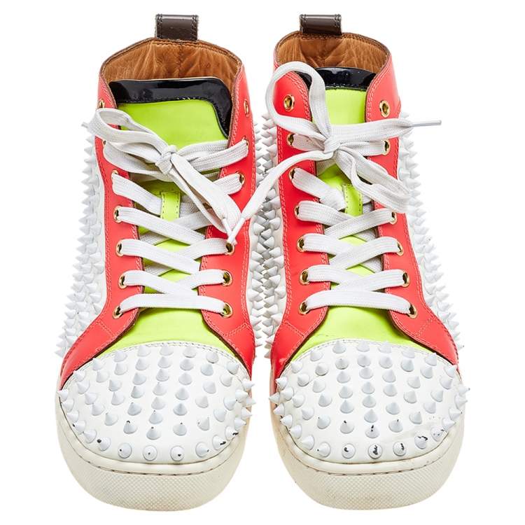 Pre Owned Christian Louboutin Multicolor Leather And Patent Louis Spikes Lace Up High Top Sneakers Size 43