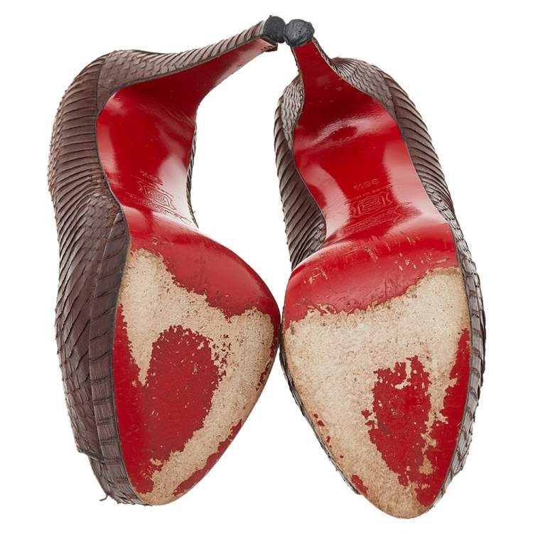 Pre Owned Christian Louboutin Brown Python Embossed Leather Peep Toe Pumps Size 36.5