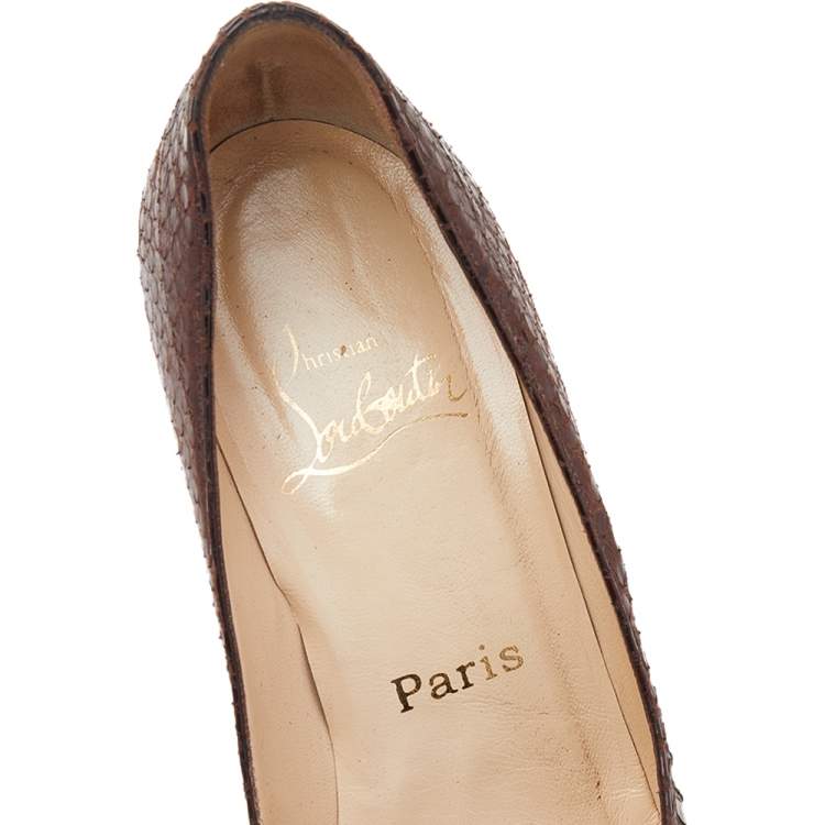 Pre Owned Christian Louboutin Brown Python Embossed Leather Peep Toe Pumps Size 36.5