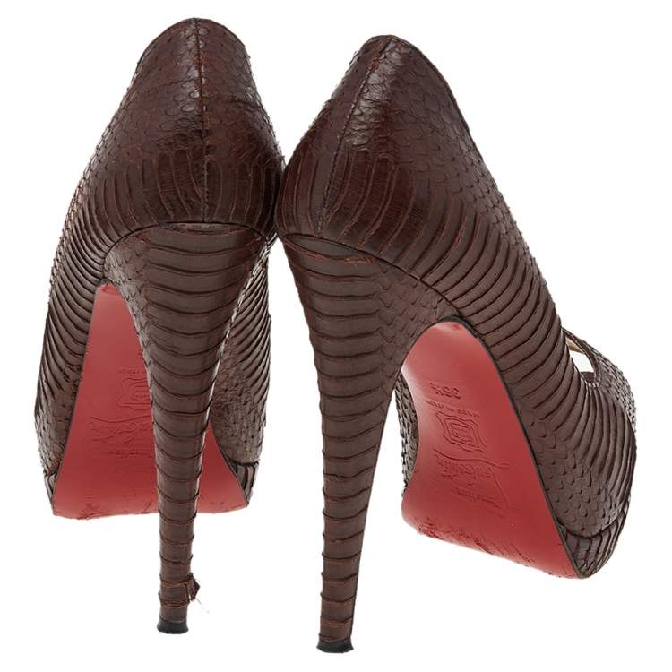 Pre Owned Christian Louboutin Brown Python Embossed Leather Peep Toe Pumps Size 36.5