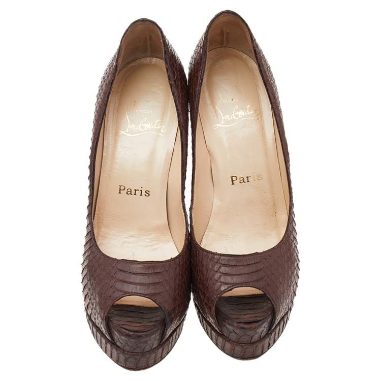 Pre Owned Christian Louboutin Brown Python Embossed Leather Peep Toe Pumps Size 36.5