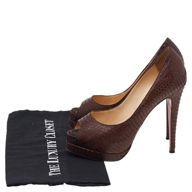 Pre Owned Christian Louboutin Brown Python Embossed Leather Peep Toe Pumps Size 36.5
