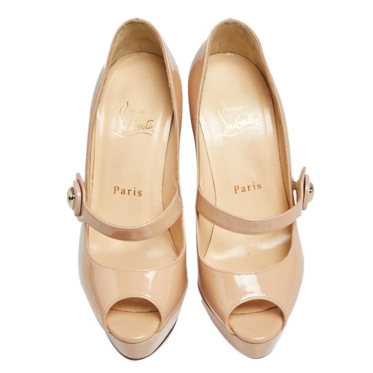Pre Owned Christian Louboutin Beige Patent Leather Mary Jane Peep Toe Pumps Size 36.5