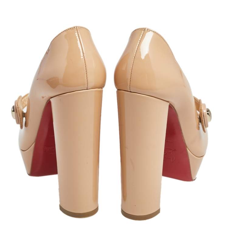 Pre Owned Christian Louboutin Beige Patent Leather Mary Jane Peep Toe Pumps Size 36.5