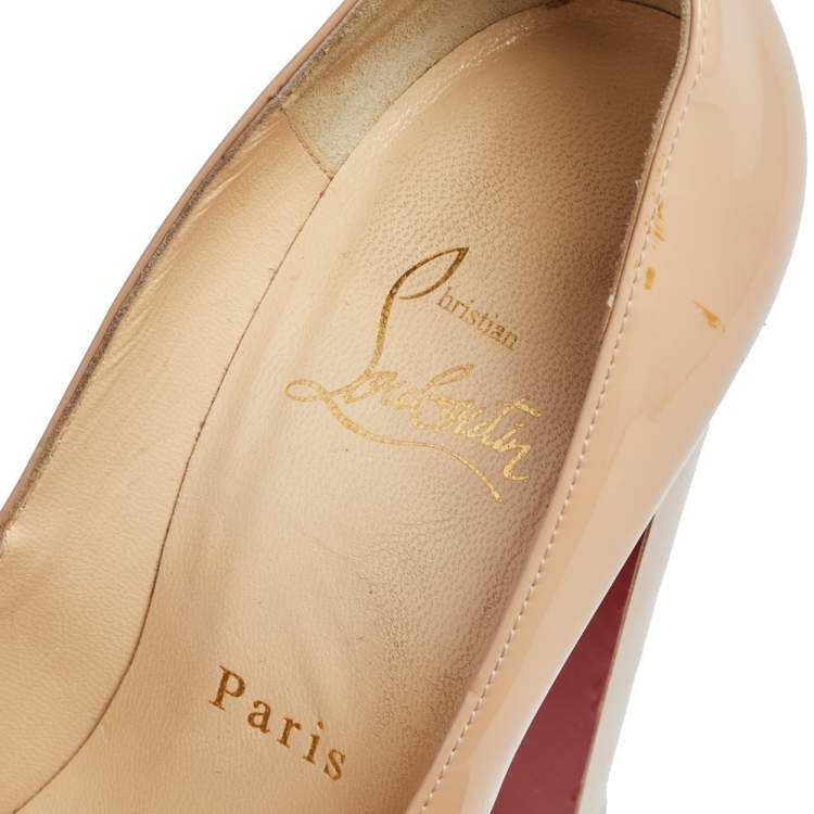 Pre Owned Christian Louboutin Beige Patent Leather Mary Jane Peep Toe Pumps Size 36.5