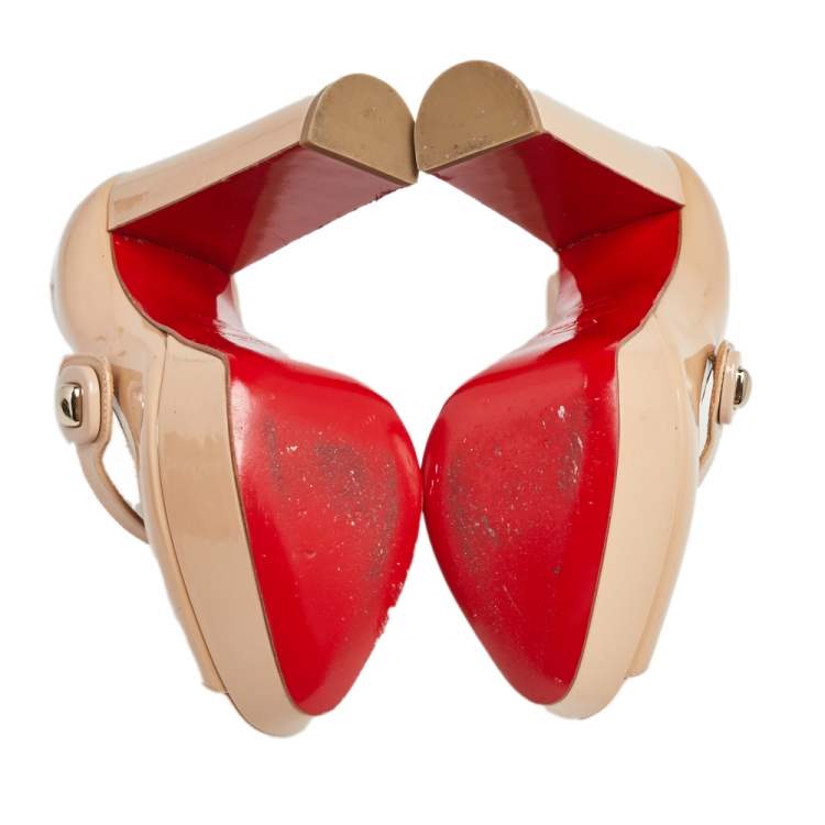 Pre Owned Christian Louboutin Beige Patent Leather Mary Jane Peep Toe Pumps Size 36.5