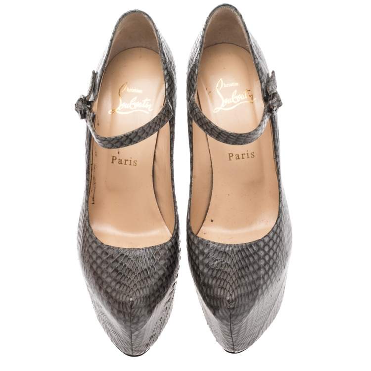 Pre Owned Christian Louboutin Grey Snakeskin Lady Daf Platform Pumps Size 37.5
