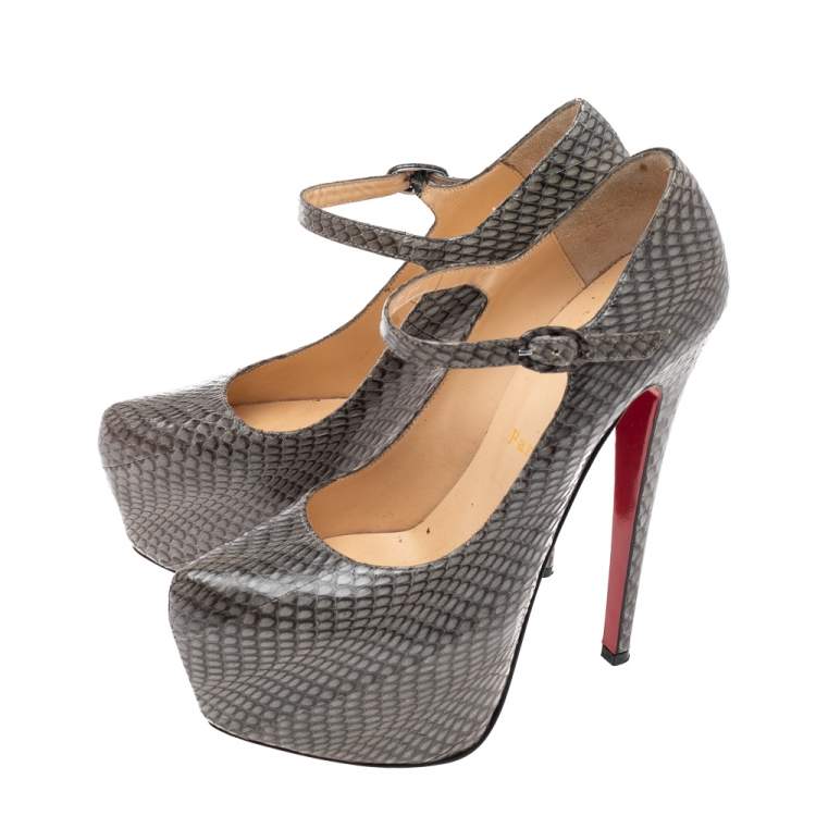 Pre Owned Christian Louboutin Grey Snakeskin Lady Daf Platform Pumps Size 37.5