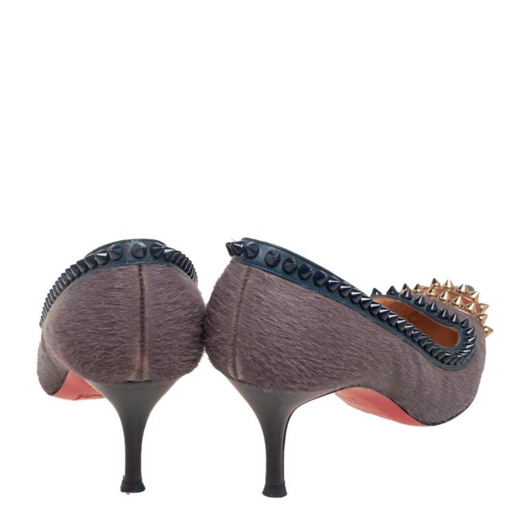 Pre Owned Christian Louboutin Multicolor Pony Hair and Leather Malabar Hill Spiked Pointed Toe Pumps Size 37.5