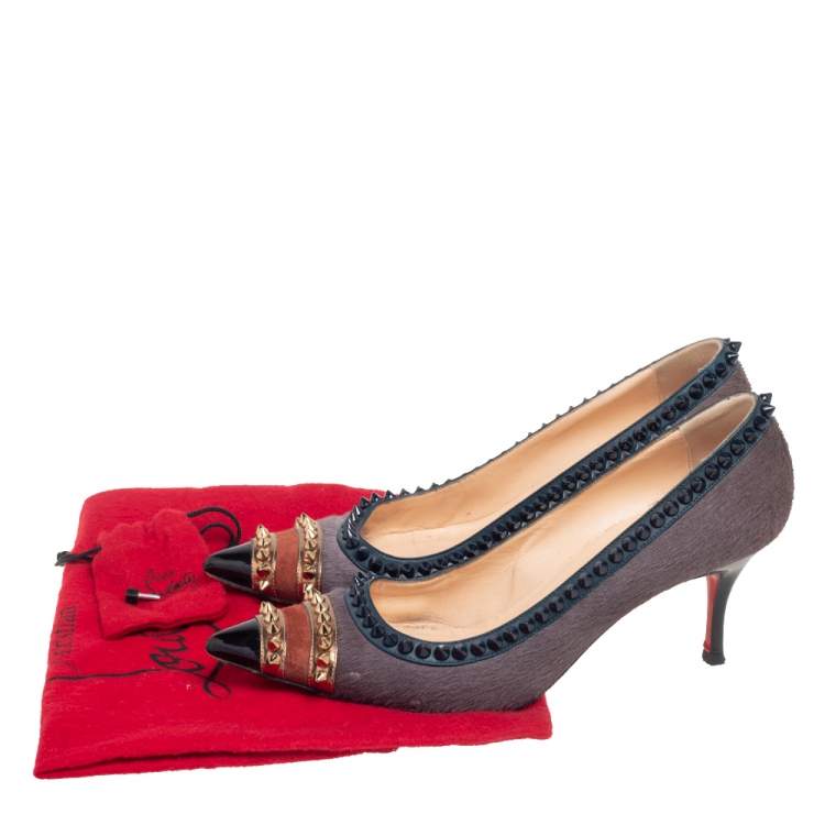 Pre Owned Christian Louboutin Multicolor Pony Hair and Leather Malabar Hill Spiked Pointed Toe Pumps Size 37.5