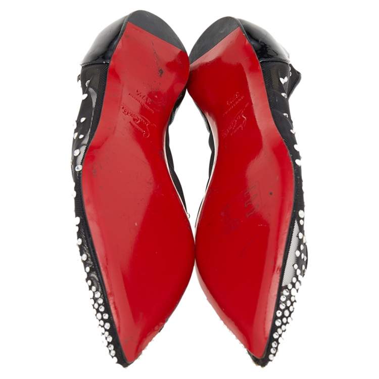 Pre Owned Christian Louboutin Black Mesh And Patent Leather Follies Strass Pointed Toe Ballet Flats Size 37.5