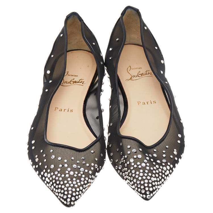 Pre Owned Christian Louboutin Black Mesh And Patent Leather Follies Strass Pointed Toe Ballet Flats Size 37.5
