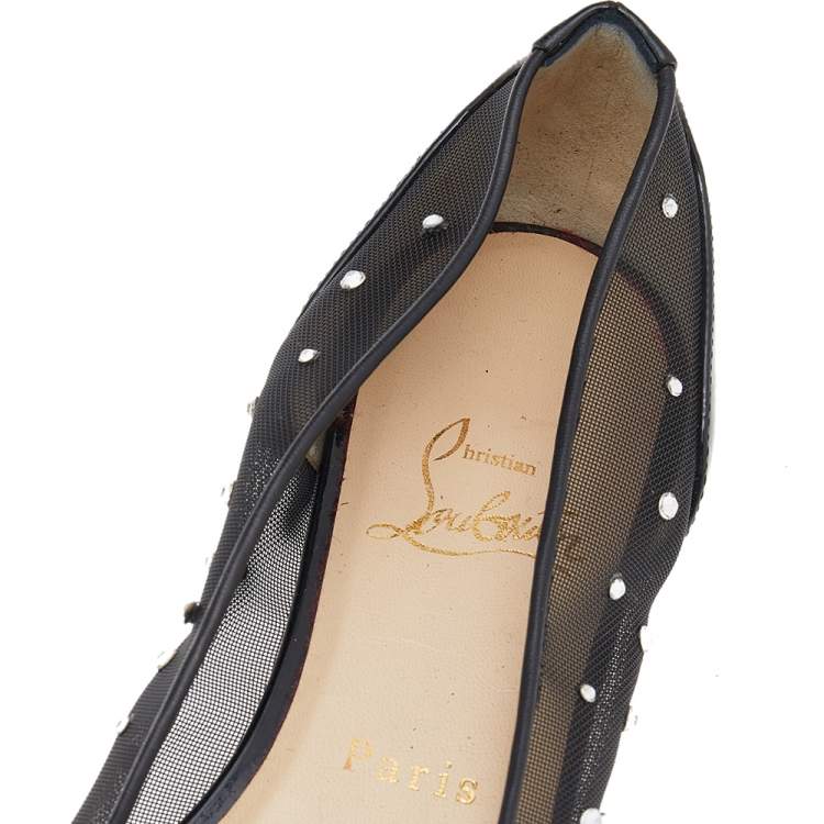 Pre Owned Christian Louboutin Black Mesh And Patent Leather Follies Strass Pointed Toe Ballet Flats Size 37.5