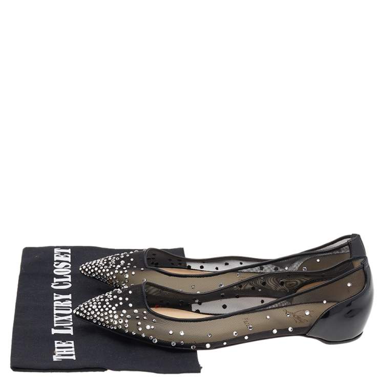 Pre Owned Christian Louboutin Black Mesh And Patent Leather Follies Strass Pointed Toe Ballet Flats Size 37.5