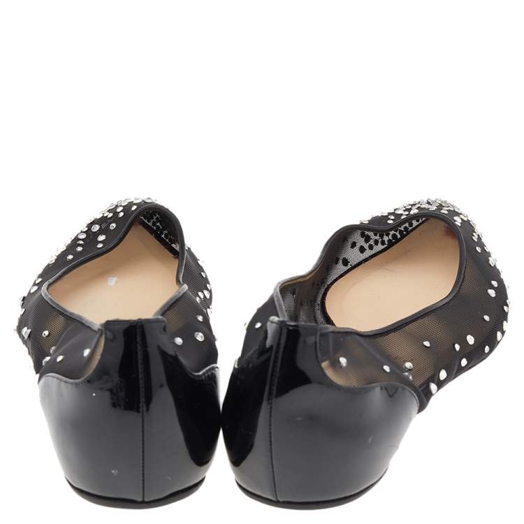 Pre Owned Christian Louboutin Black Mesh And Patent Leather Follies Strass Pointed Toe Ballet Flats Size 37.5