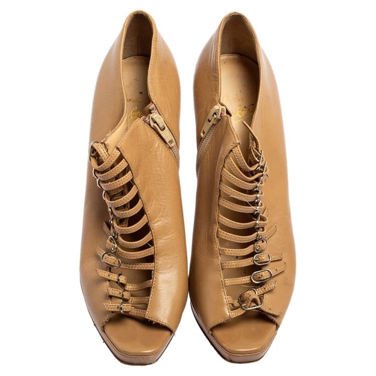 Pre Owned Christian Louboutin Beige Leather Manon Buckle Detail Open Toe Ankle Boots Size 41