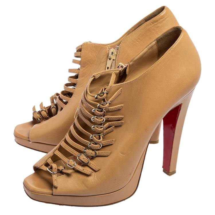 Pre Owned Christian Louboutin Beige Leather Manon Buckle Detail Open Toe Ankle Boots Size 41