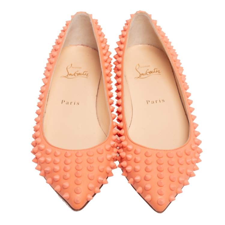 Pre Owned Christian Louboutin Orange Leather Pigalle Spike Ballet Flats Size 37