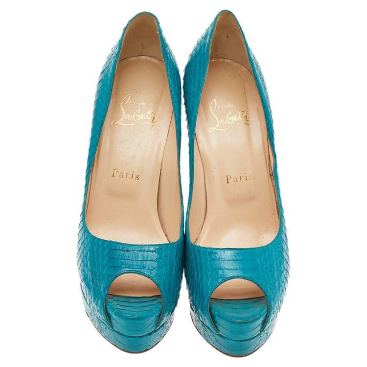 Pre Owned Christian Louboutin Turquoise Blue Python Leather Peep Toe Platform Pumps Size 38