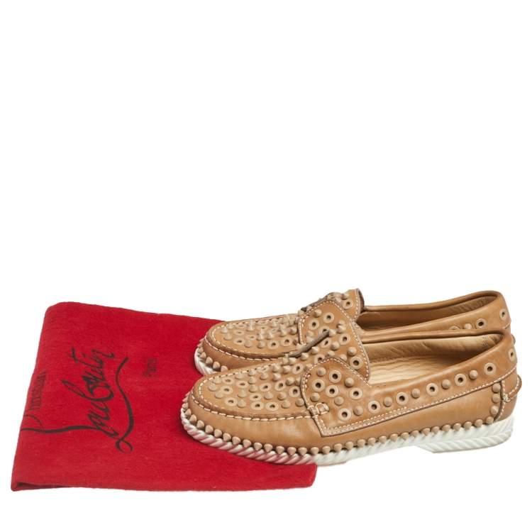 Pre Owned Christian Louboutin Beige Leather Spike Yacht Loafers Size 37