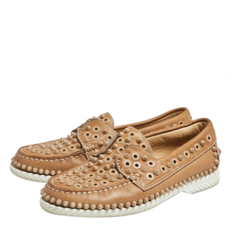 Pre Owned Christian Louboutin Beige Leather Spike Yacht Loafers Size 37