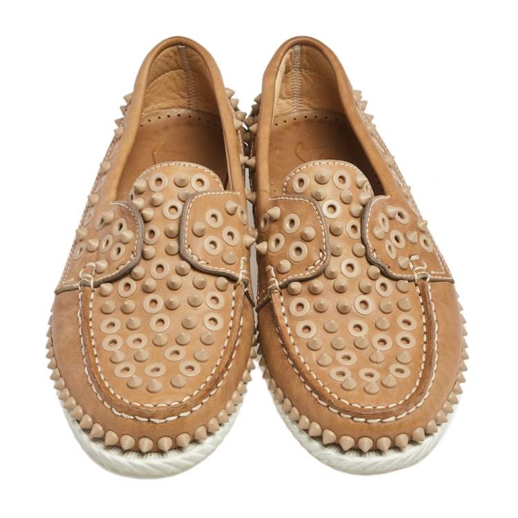 Pre Owned Christian Louboutin Beige Leather Spike Yacht Loafers Size 37