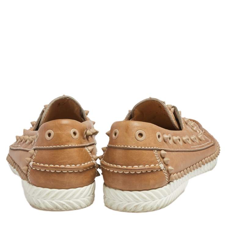 Pre Owned Christian Louboutin Beige Leather Spike Yacht Loafers Size 37