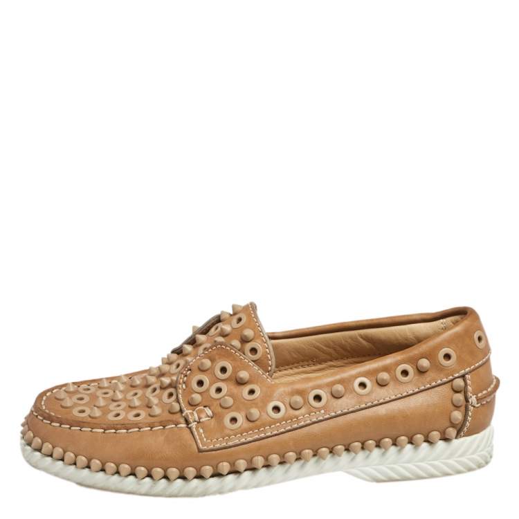 Pre Owned Christian Louboutin Beige Leather Spike Yacht Loafers Size 37