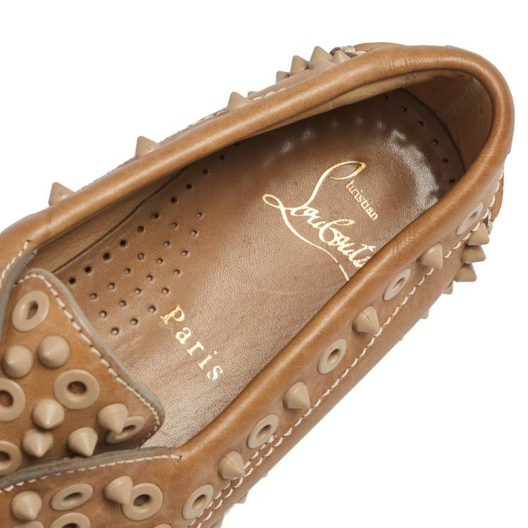 Pre Owned Christian Louboutin Beige Leather Spike Yacht Loafers Size 37