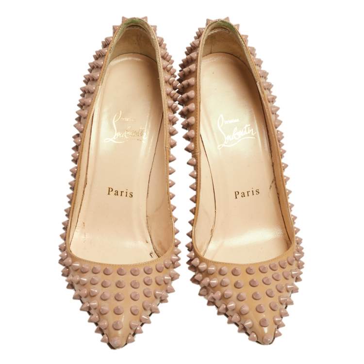 Pre Owned Christian Louboutin Beige Patent Leather Pigalle Spikes Pointed Toe Pumps Size 38