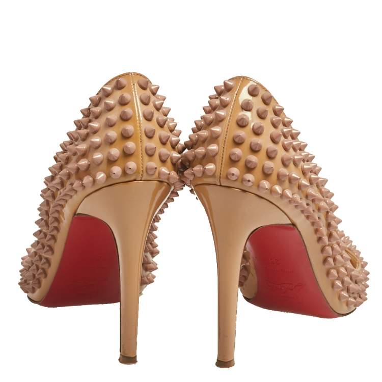 Pre Owned Christian Louboutin Beige Patent Leather Pigalle Spikes Pointed Toe Pumps Size 38