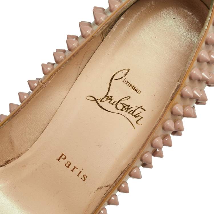 Pre Owned Christian Louboutin Beige Patent Leather Pigalle Spikes Pointed Toe Pumps Size 38