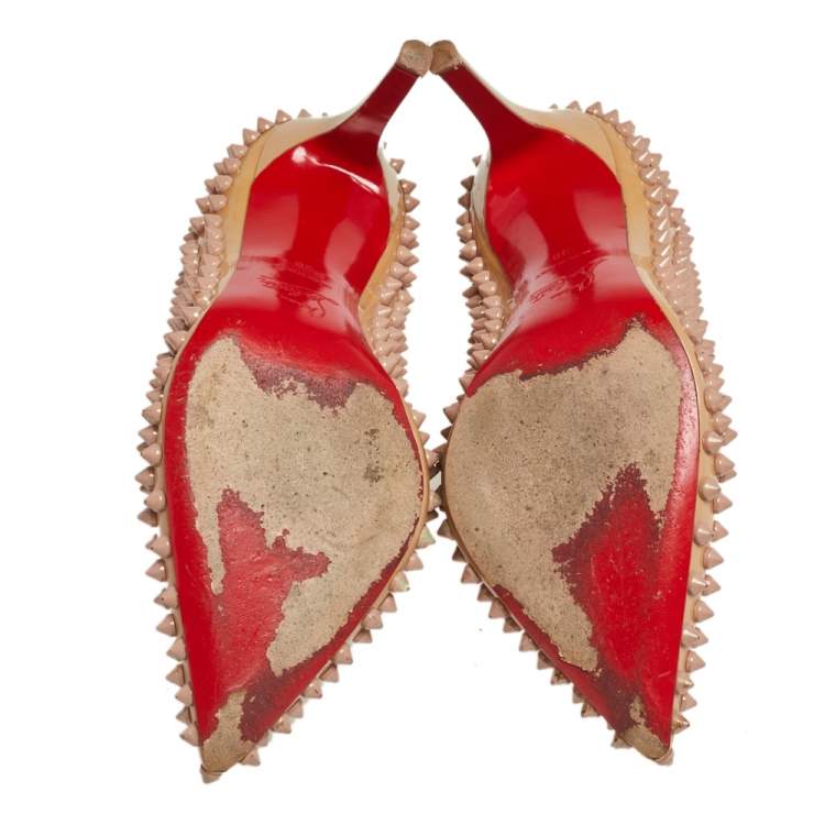 Pre Owned Christian Louboutin Beige Patent Leather Pigalle Spikes Pointed Toe Pumps Size 38