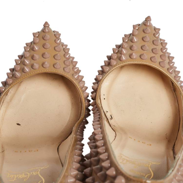 Pre Owned Christian Louboutin Beige Patent Leather Pigalle Spikes Pointed Toe Pumps Size 38