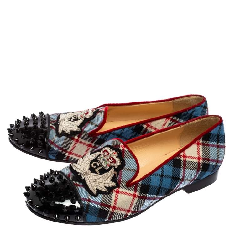 Pre Owned Christian Louboutin Multicolor Fabric and Patent Leather Spiked Intern Loafers Size 37.5