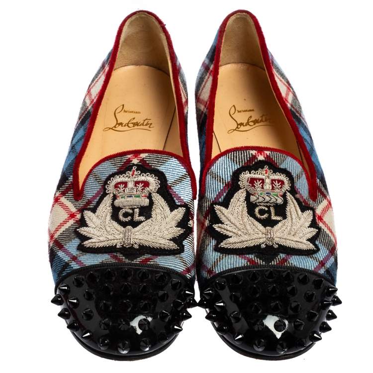 Pre Owned Christian Louboutin Multicolor Fabric and Patent Leather Spiked Intern Loafers Size 37.5