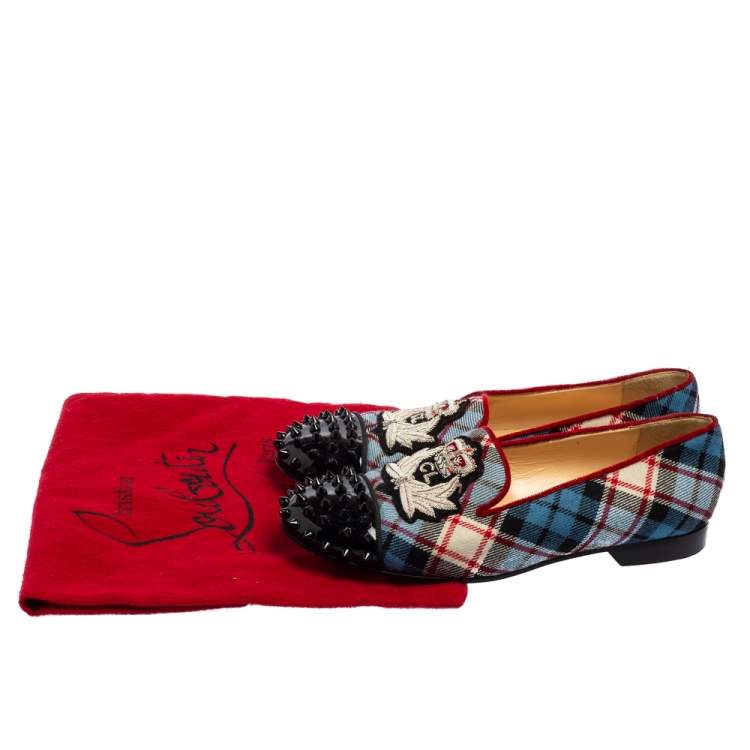 Pre Owned Christian Louboutin Multicolor Fabric and Patent Leather Spiked Intern Loafers Size 37.5